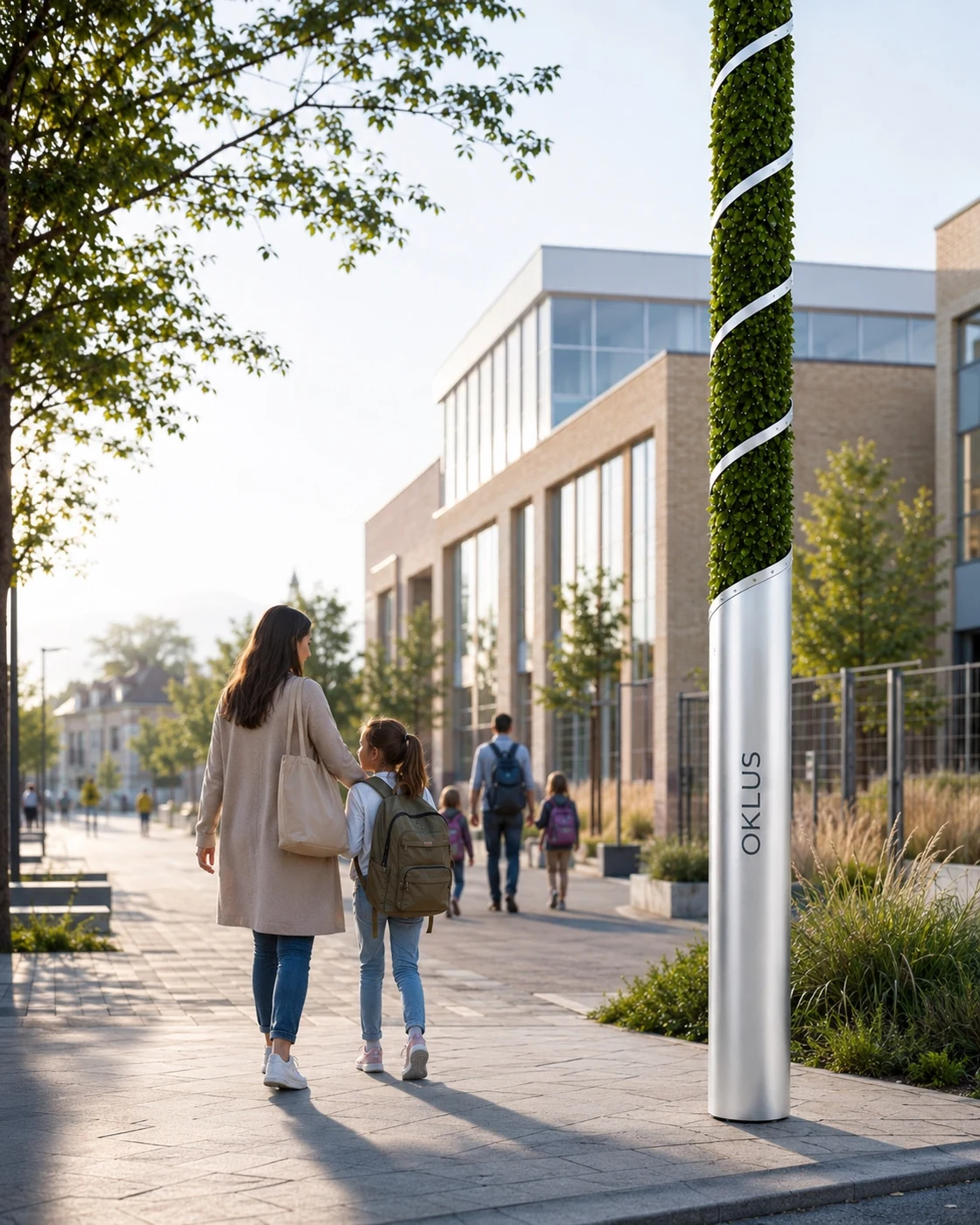 A family walking past an OKLUS unit near a modern school and community route
