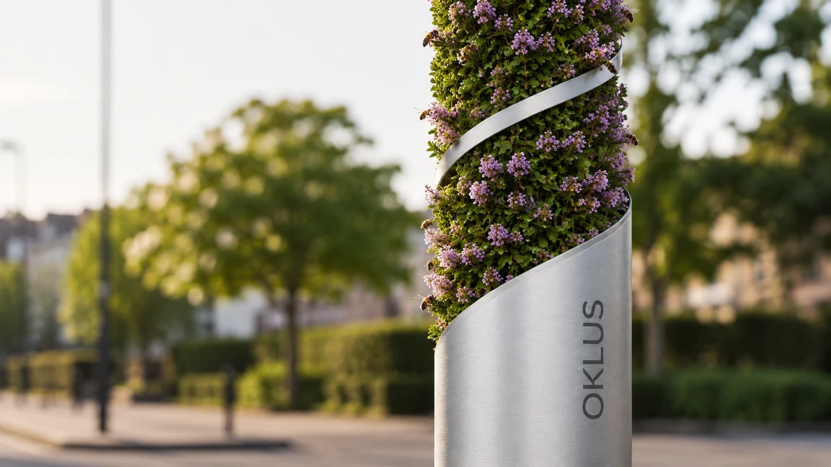 A close view of flowering living media integrated into the upper section of an OKLUS unit