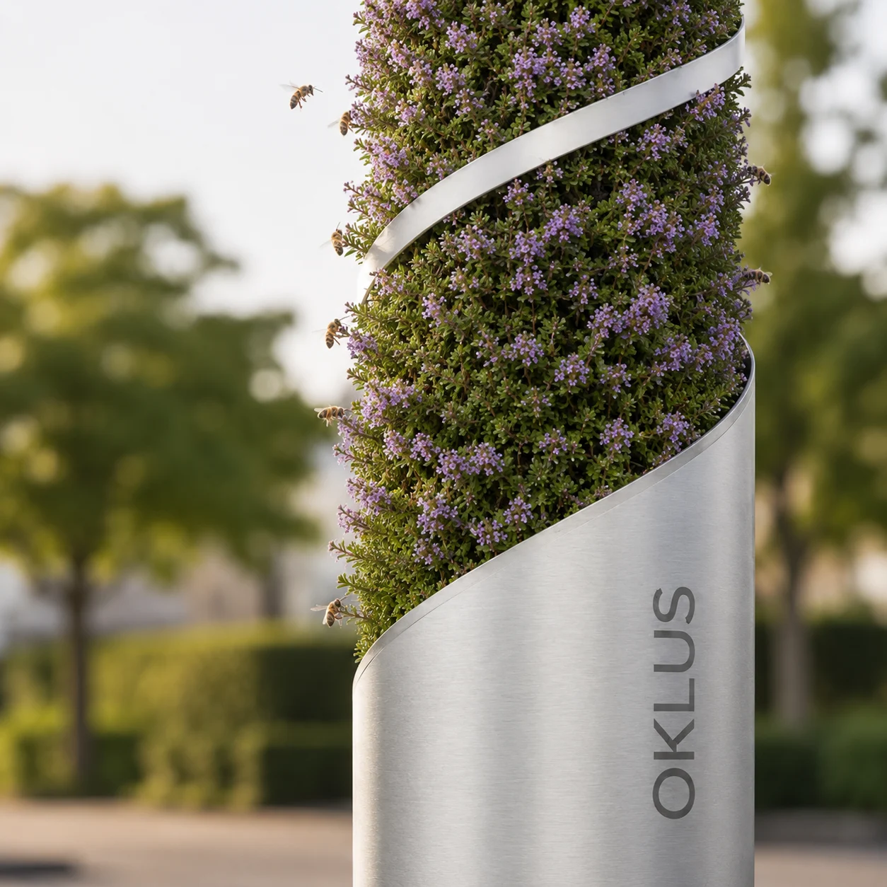 Illustrative close view of flowering OKLUS living media with pollinators