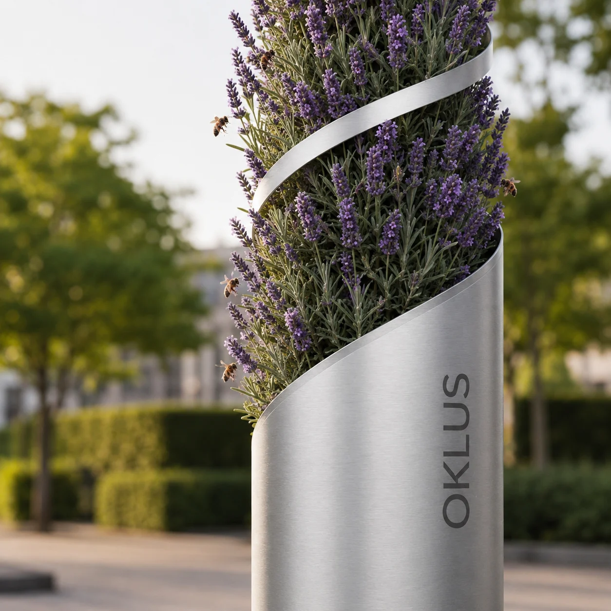 Illustrative close view of flowering living media and solitary bees on an OKLUS concept