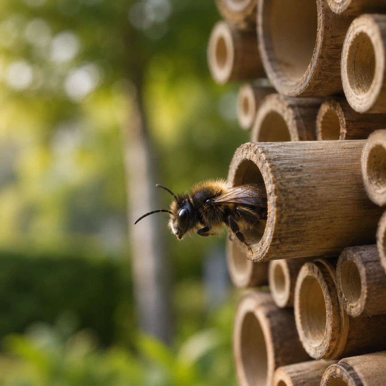 Illustrative solitary bee approaching a cavity nesting entrance