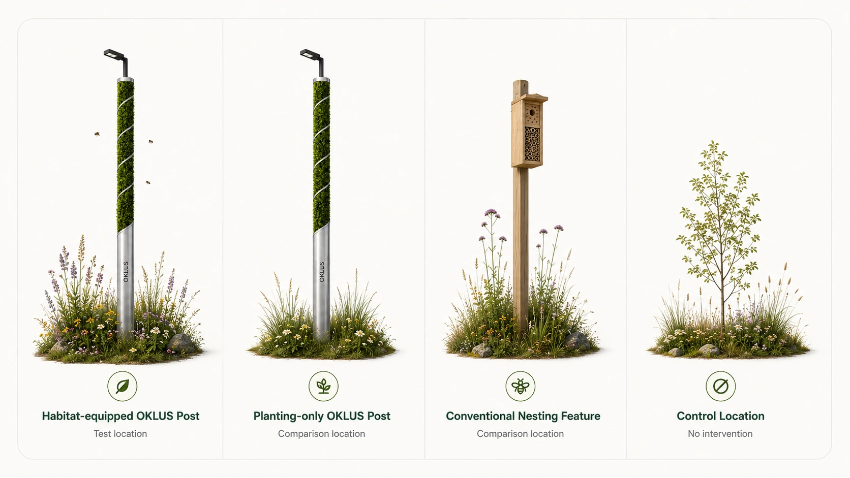 Illustrative pilot comparison between habitat-equipped OKLUS, planting-only OKLUS, conventional nesting feature and a control location