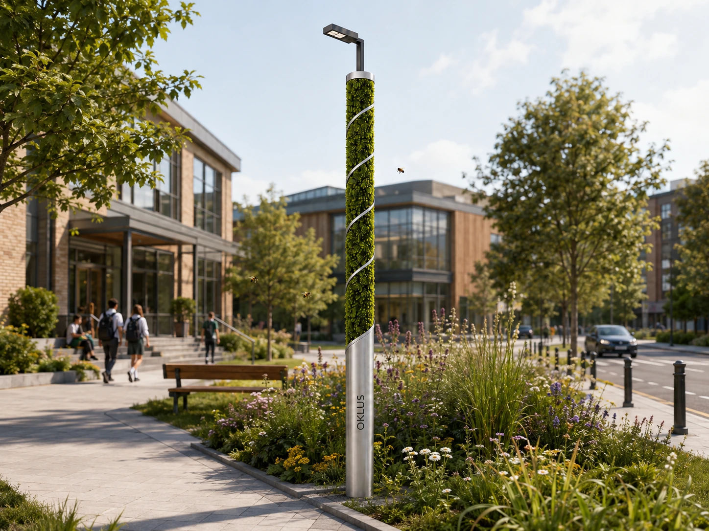 Illustrative school-facing biodiversity pilot setting with an OKLUS concept and flower-rich planting
